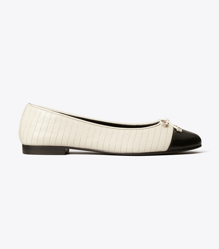 Tory Burch designer flats Cap-Toe Quilted Ballet in LIGHT CREAM / PERFECT BLACK angle