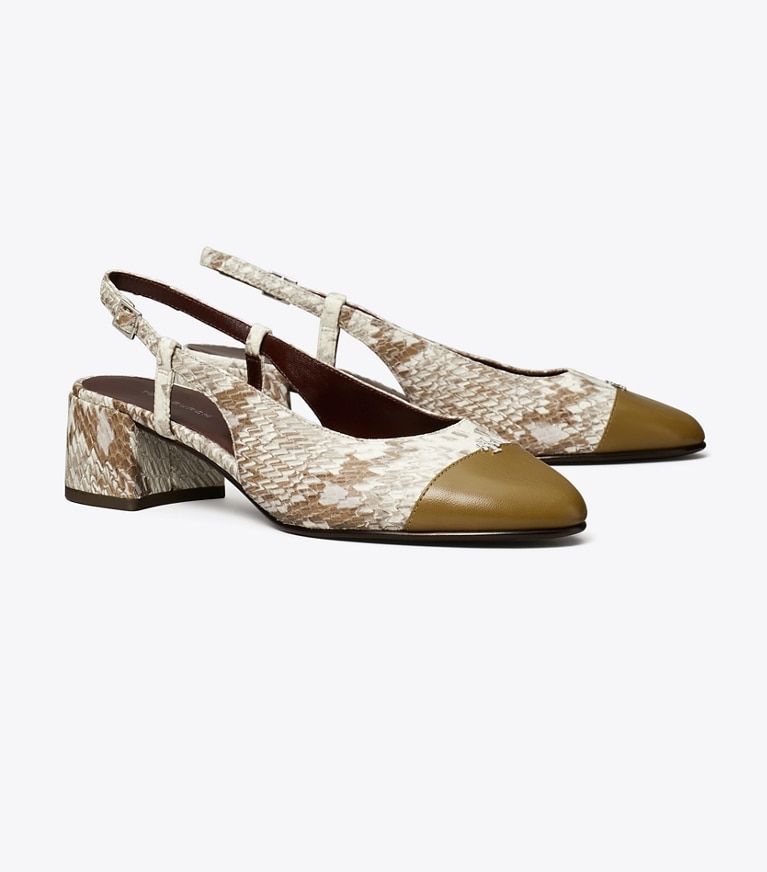 Tory Burch designer heels Cap-Toe Slingback in GRANITE ROCCIA / RAMURE GREEN angle