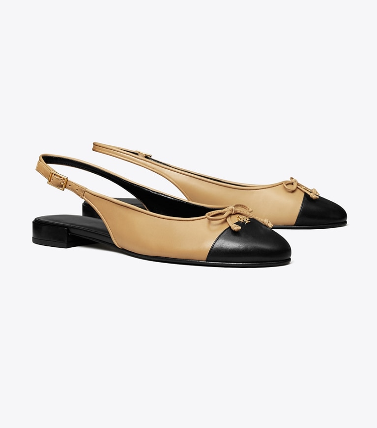Tory Burch designer flats Cap-Toe Slingback in GINGER SHORTBREAD / PERFECT BLACK angle