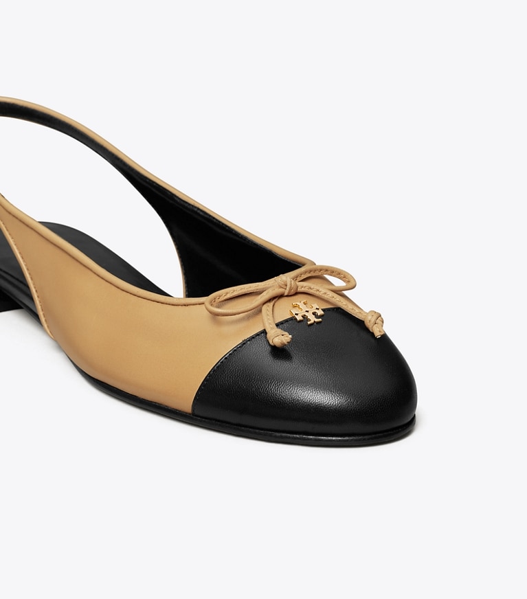Tory Burch designer flats Cap-Toe Slingback in GINGER SHORTBREAD / PERFECT BLACK angle