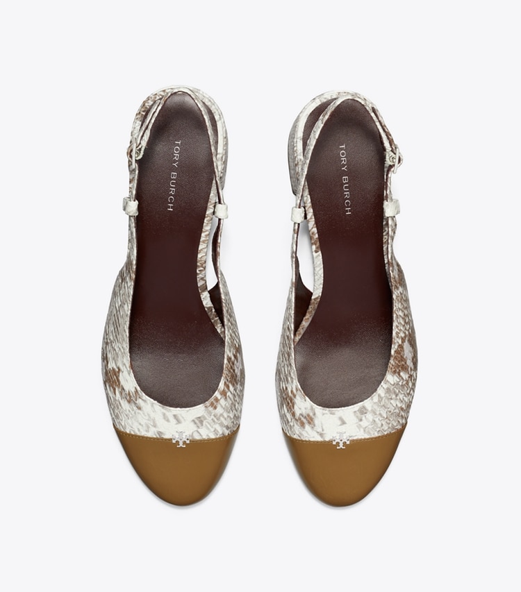 Tory Burch designer heels Cap-Toe Slingback in GRANITE ROCCIA / RAMURE GREEN overhead