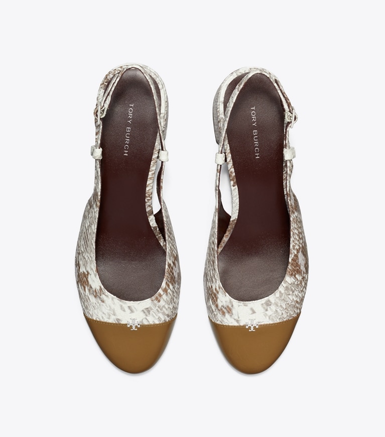 Tory Burch designer heels Cap-Toe Slingback in GRANITE ROCCIA / RAMURE GREEN overhead