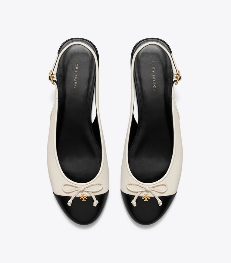 Tory Burch designer flats Cap-Toe Slingback in LIGHT CREAM / PERFECT BLACK angle