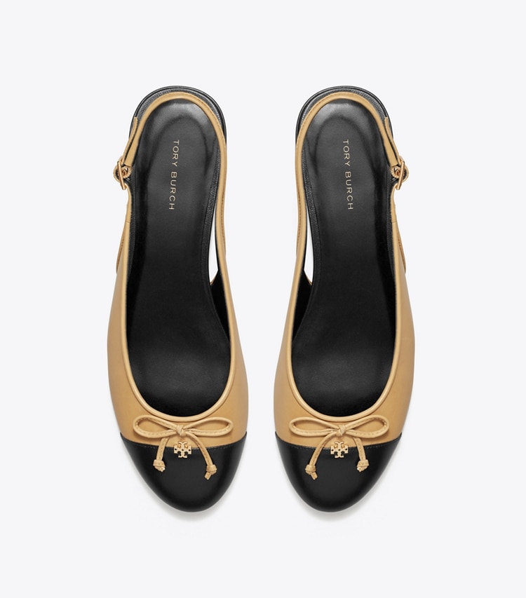 Tory Burch designer flats Cap-Toe Slingback in GINGER SHORTBREAD / PERFECT BLACK overhead