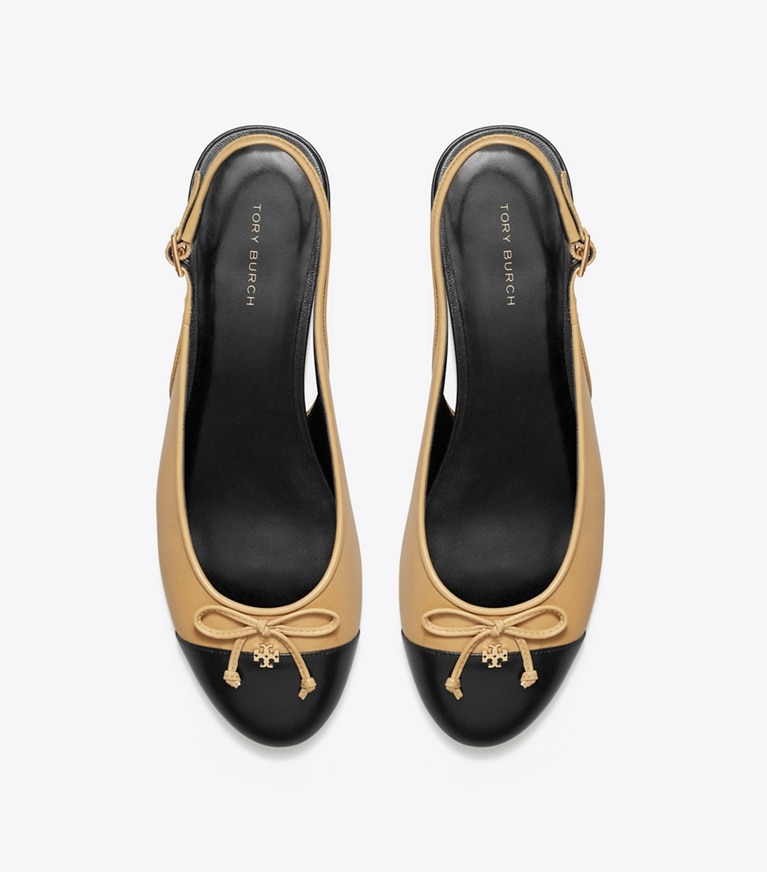 Tory Burch designer flats Cap-Toe Slingback in GINGER SHORTBREAD / PERFECT BLACK angle