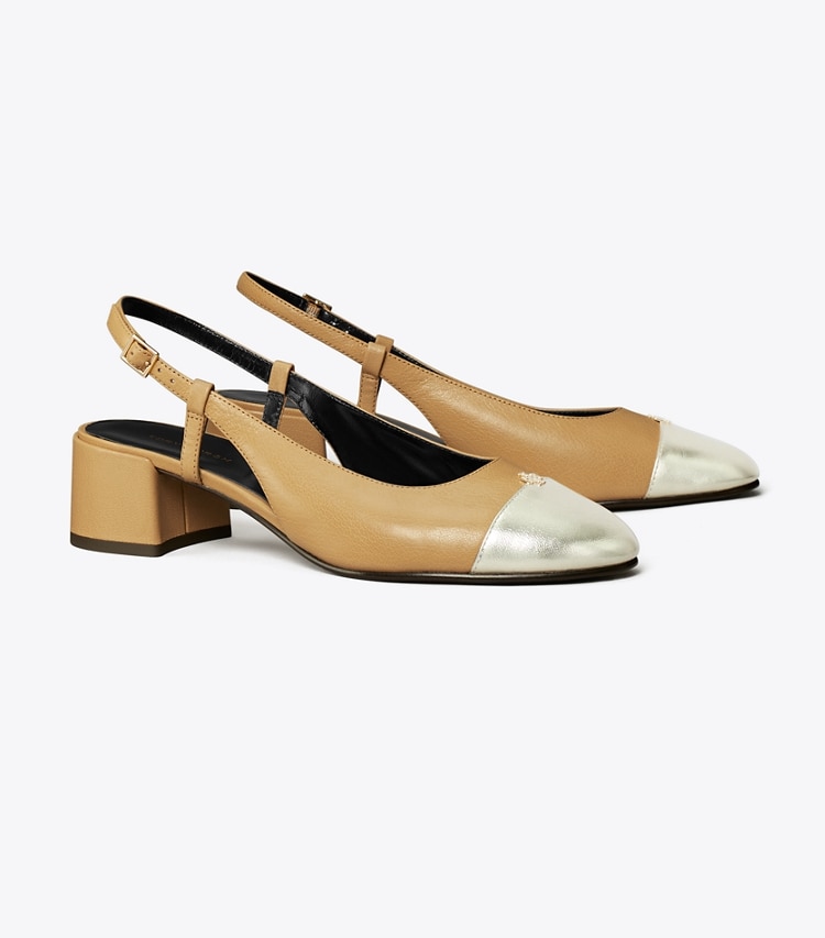 Tory Burch designer heels Cap-Toe Slingback Pump in GINGER SHORTBREAD / SPARK GOLD angle