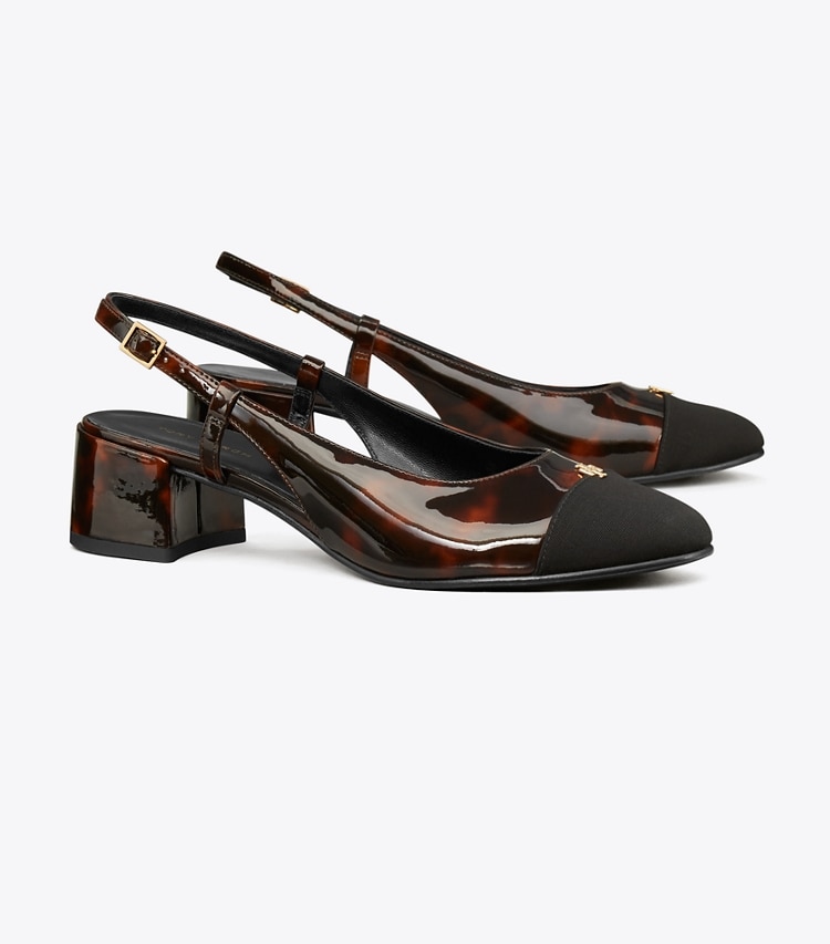 Tory Burch designer heels Cap-Toe Slingback Pump in TORTOISE PATENT / PERFECT BLACK angle