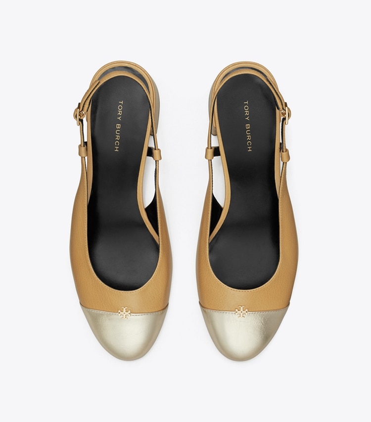 Tory Burch designer heels Cap-Toe Slingback Pump in GINGER SHORTBREAD / SPARK GOLD overhead