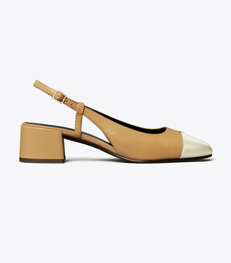 Tory Burch designer heels Cap-Toe Slingback Pump in GINGER SHORTBREAD / SPARK GOLD side