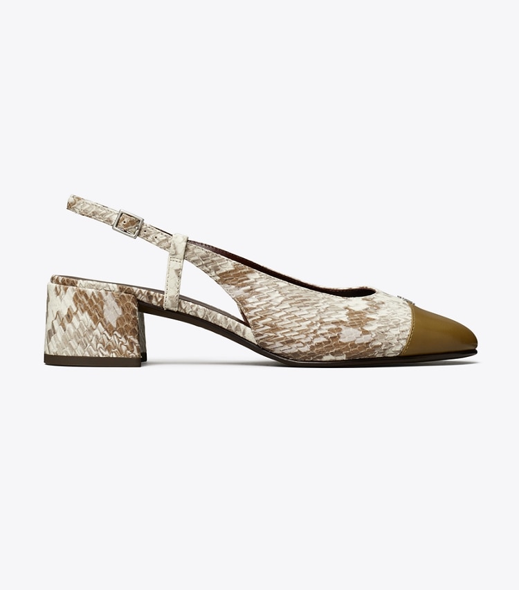 Tory Burch designer heels Cap-Toe Slingback in GRANITE ROCCIA / RAMURE GREEN side