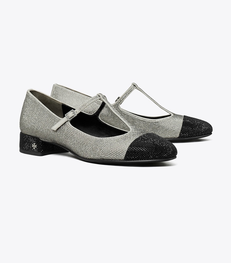 Tory Burch designer flats Cap-Toe T-Strap Pavé Heeled Ballet in LAPIS GRAY / BLACK DIAMOND angle