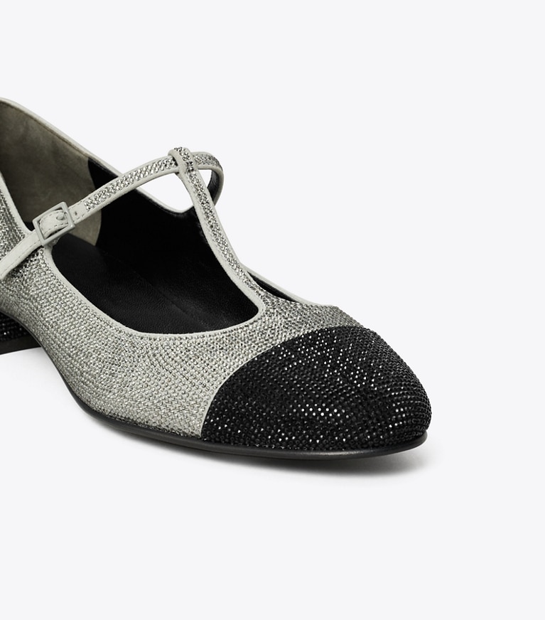 Tory Burch designer flats Cap-Toe T-Strap Pavé Heeled Ballet in LAPIS GRAY / BLACK DIAMOND angle