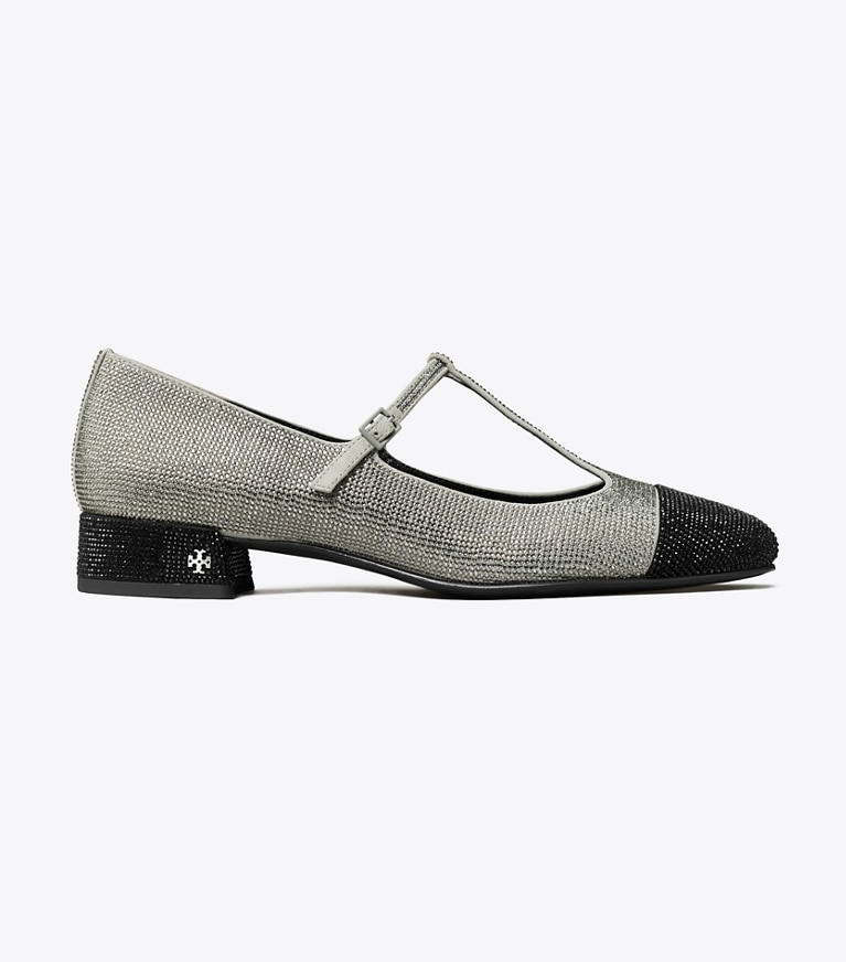Tory Burch designer flats Cap-Toe T-Strap Pavé Heeled Ballet in LAPIS GRAY / BLACK DIAMOND angle