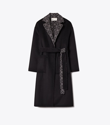 Tory Burch designer cappotti Cappotto a portafoglio T Monogram in lana in Black/T Monogram Jacquard Combo D front