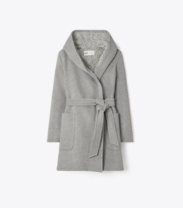 Tory Burch designer cappotti Cappotto in lana con cappuccio in Gray T Monogram front