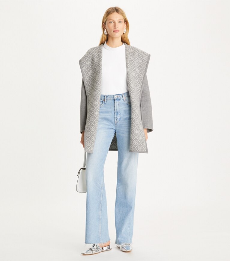 Tory Burch designer cappotti Cappotto in lana con cappuccio in Gray T Monogram front