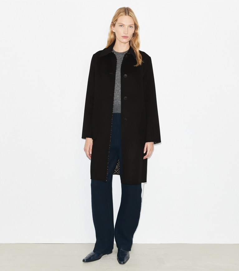 Tory Burch designer cappotti Cappotto reversibile in lana con motivo jacquard T Monogram in Black/T Monogram Jacquard Combo D front