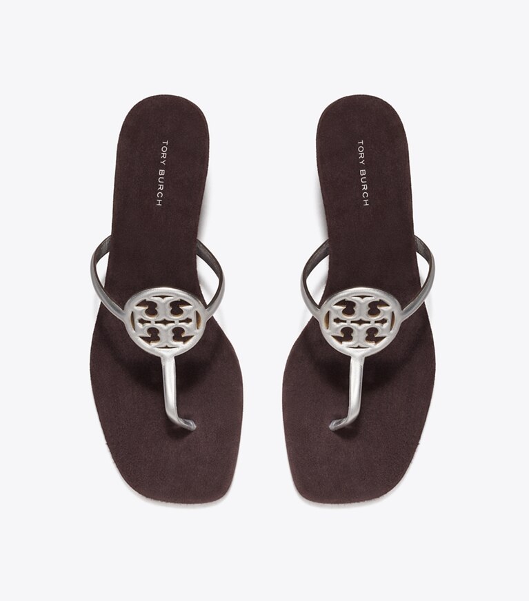 Tory Burch diseñador sandalias Capri con tacón Miller en SILVER / COCOA vista superior