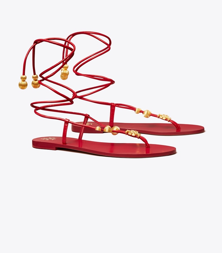 Tory Burch designer サンダル カプリ フラット レースアップ サンダル in TORY RED angle