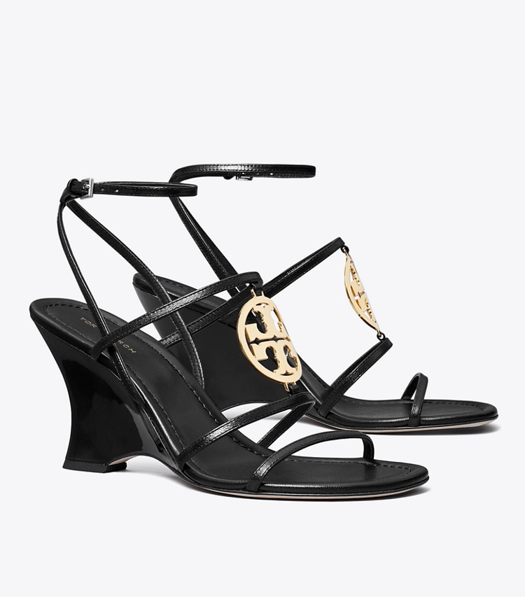Tory Burch designer sandals Capri Miller Wedge Sandal in PERFECT BLACK / GOLD angle