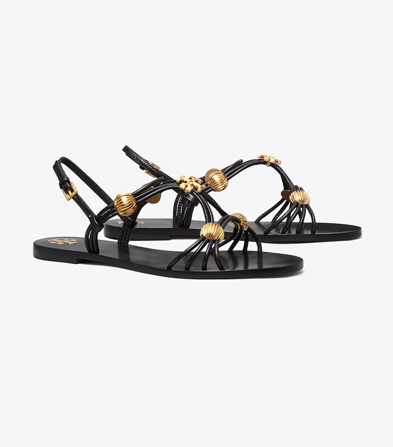 Tory Burch designer sandals Capri Multi Strap Sandal in PERFECT BLACK / GOLD angle