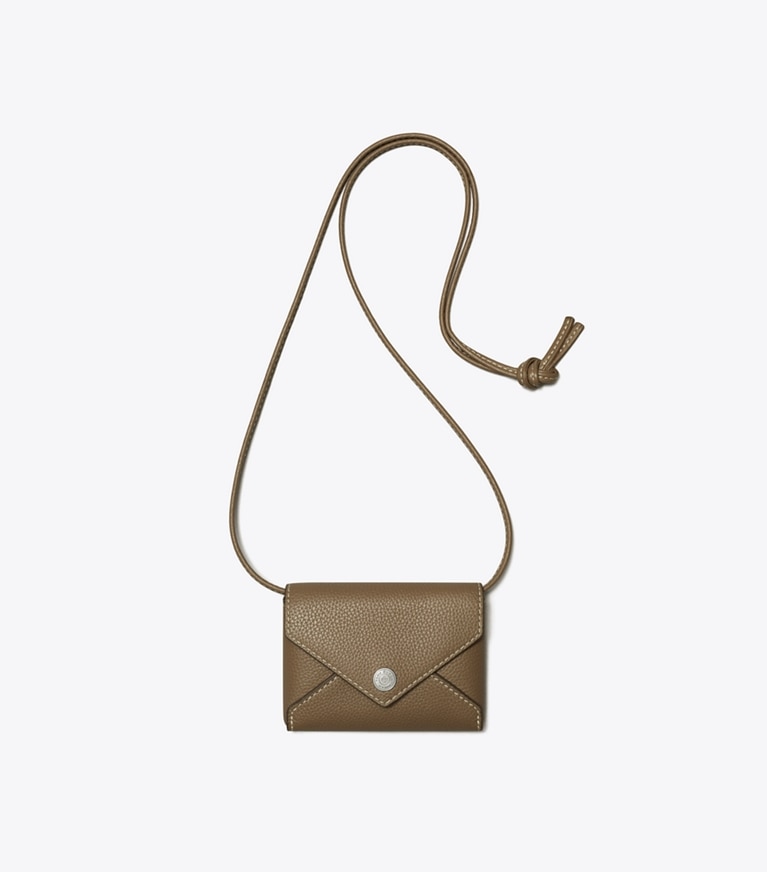 Tory Burch designer travel accessories Card Case Lanyard in Wild Mushroom angle