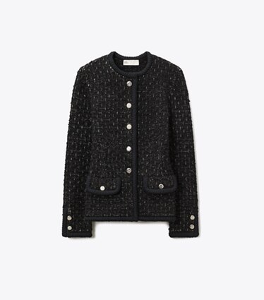 Tory Burch designer sweaters Cardigan Kendra en tweed métallisé dans Black Multi de face