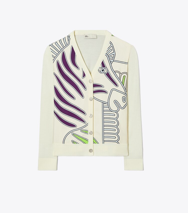 Tory Burch designer sweaters Cardigan à devant en soie dans NEW IVORY / Ivory Zebra de face