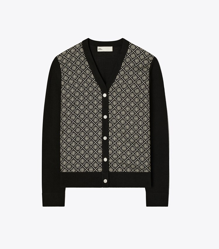 Tory Burch designer sweaters Cardigan à empiècement en soie in Black / Black T Monogram Mini front