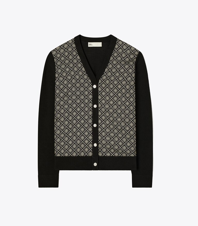Tory Burch designer sweaters Cardigan à empiècement en soie in Black / Black T Monogram Mini front
