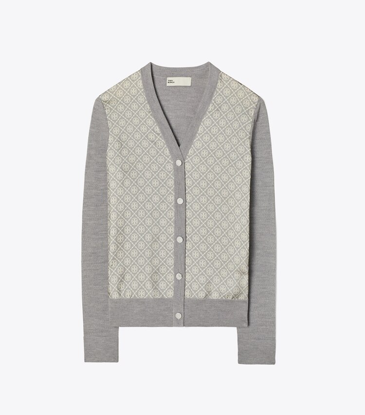 Tory Burch designer sweaters Cardigan à empiècement en soie in Shadow Gray Melange T Monogram Mini front