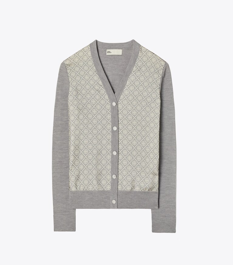 Tory Burch designer sweaters Cardigan à empiècement en soie in Shadow Gray Melange T Monogram Mini front