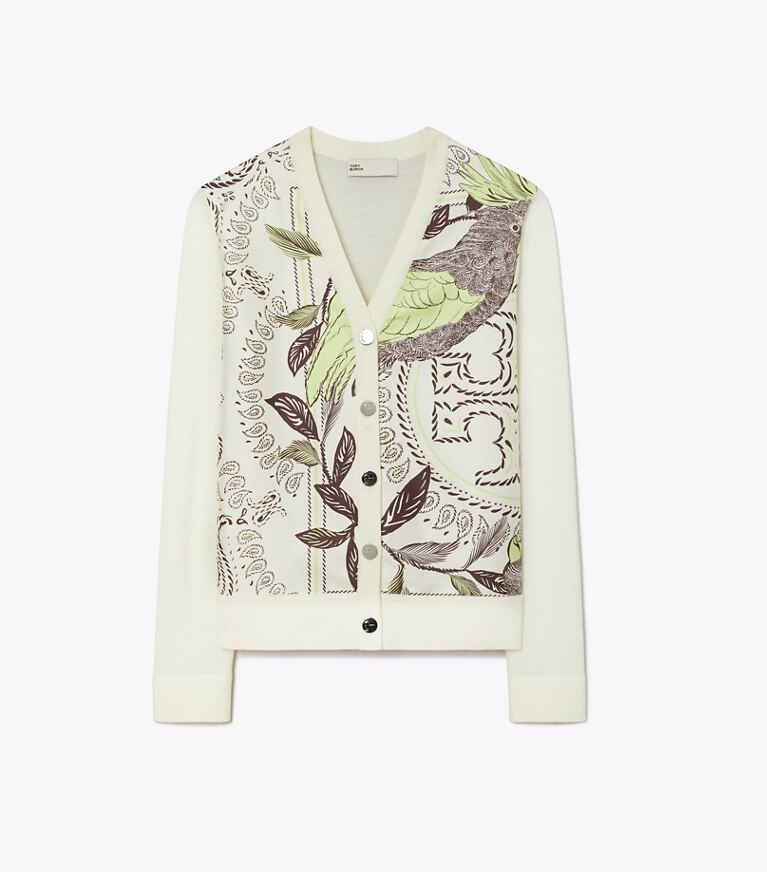 Tory Burch designer sweaters Cardigan à empiècement en soie in New Ivory / Mint Cockatoo front