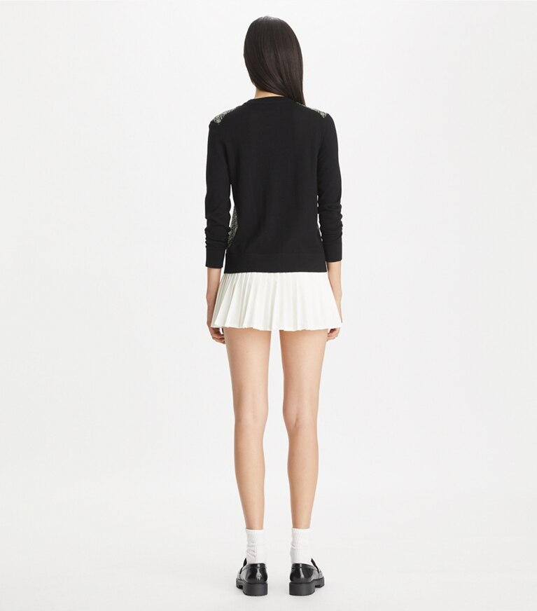 Tory Burch designer sweaters Cardigan à empiècement en soie in Black / Black T Monogram Mini front
