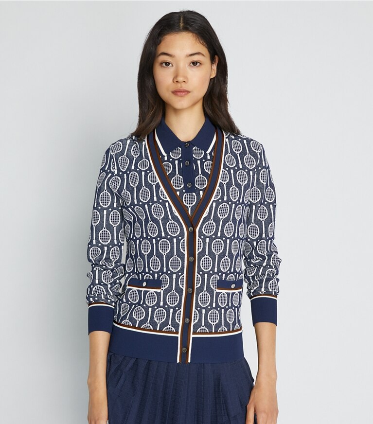 Tory Sport designer strickware Cardigan aus Funktionsstrick in Tory Navy Racquets front