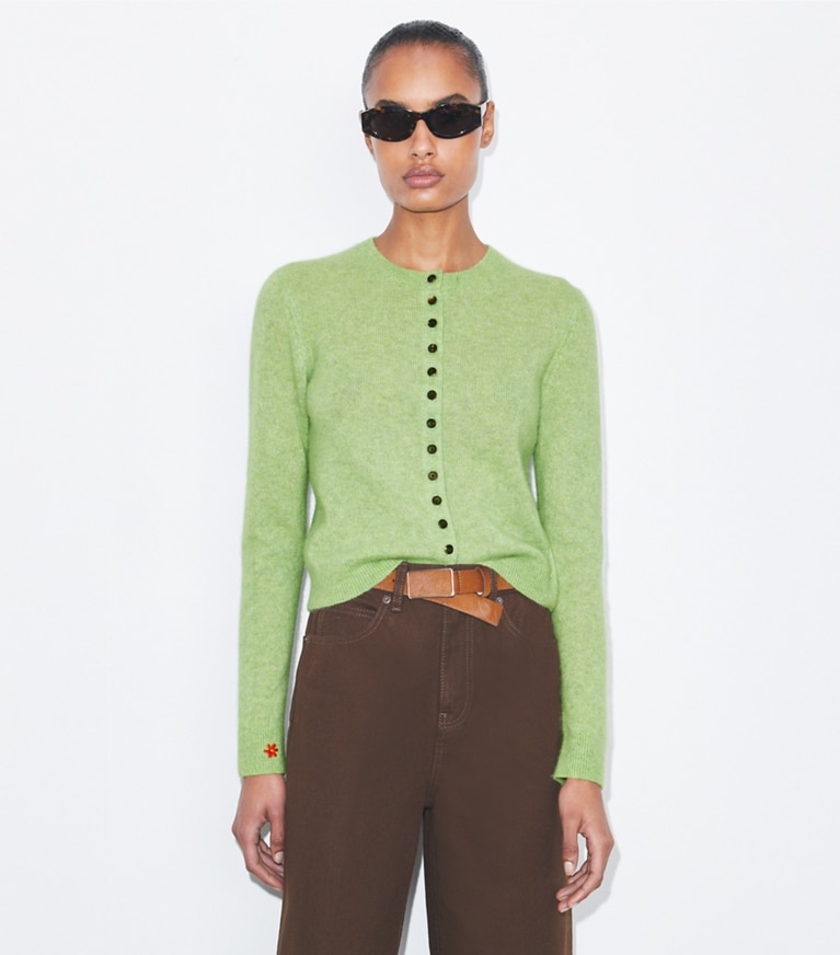 Tory Burch designer strickware Cardigan aus Kaschmir und Seide in Jade on model detail