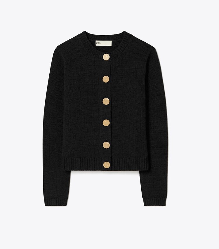 Tory Burch designer strickware Cardigan aus Wolle mit Logoknöpfen in Black front