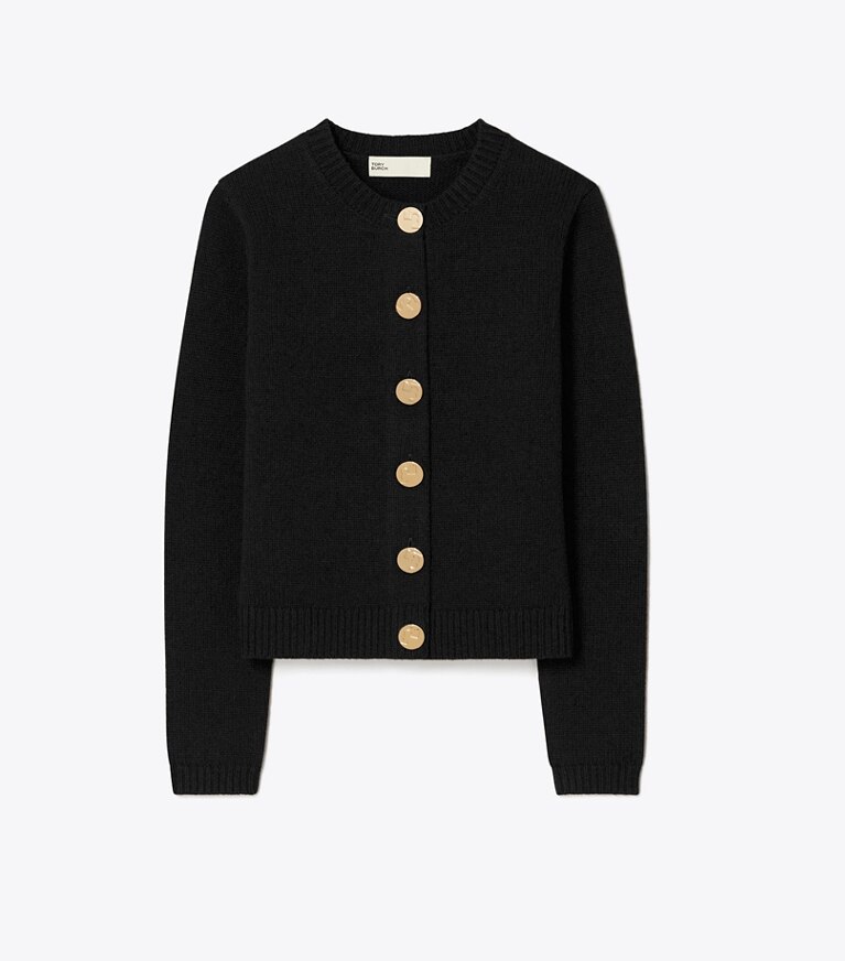 Tory Burch designer strickware Cardigan aus Wolle mit Logoknöpfen in Black front