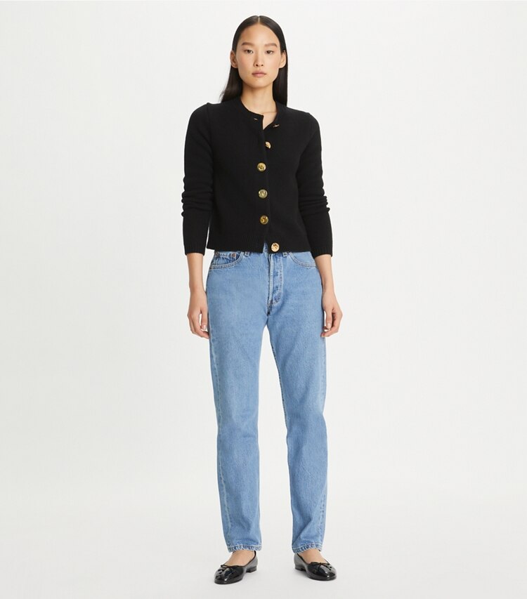 Tory Burch designer strickware Cardigan aus Wolle mit Logoknöpfen in Black modell von vorn