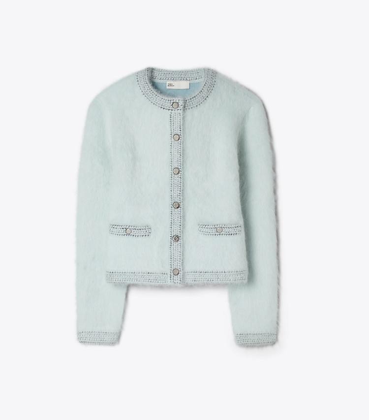 Tory Burch designer sweaters Cardigan brossé Kendra dans Frosty Sky / Ice Floe de face