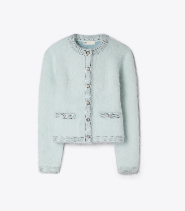 Tory Burch designer sweaters Cardigan brossé Kendra dans Frosty Sky / Ice Floe de face