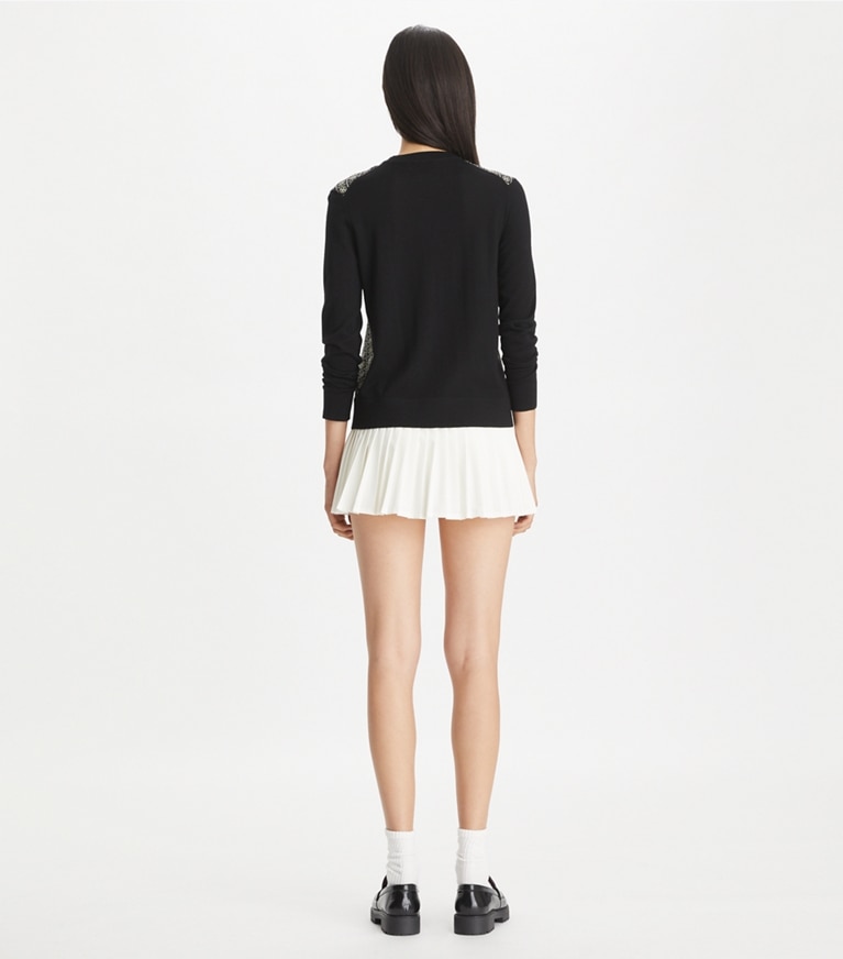 Tory Burch designer maglioni Cardigan con inserto in seta in Black / Black T Monogram Mini front