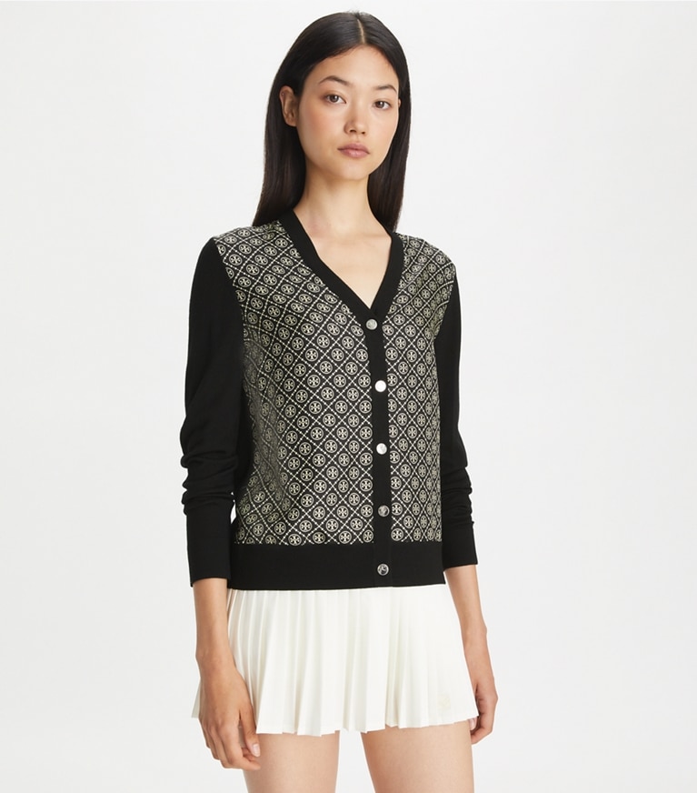 Tory Burch designer maglioni Cardigan con inserto in seta in Black / Black T Monogram Mini front