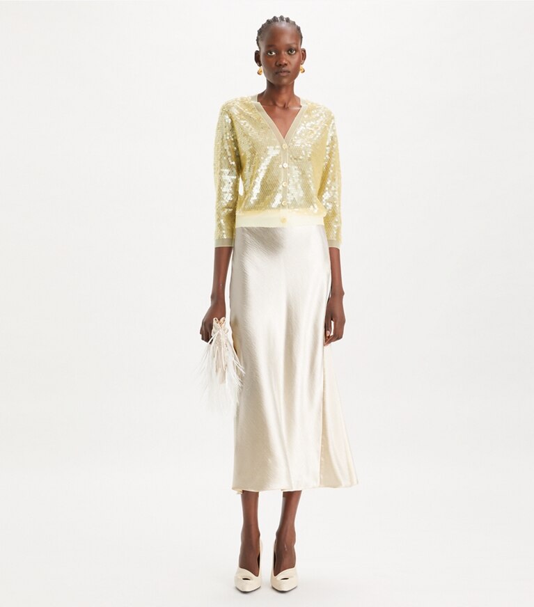 Tory Burch designer maglioni Cardigan con paillettes sul davanti in Pale Limon front