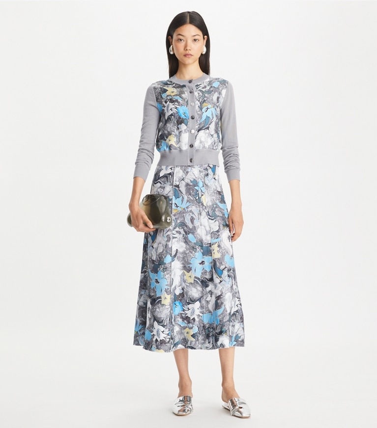 Tory Burch designer maglioni Cardigan corto con inserti in seta sul davanti in Gray / Blue Abstract Floral front