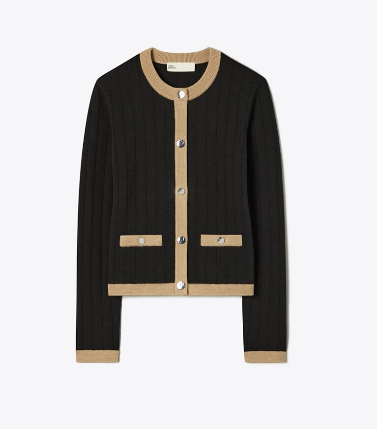 Tory Burch designer sweaters Cardigan coupe 7/8 en laine mérinos dans Black/ Camel Heather de face
