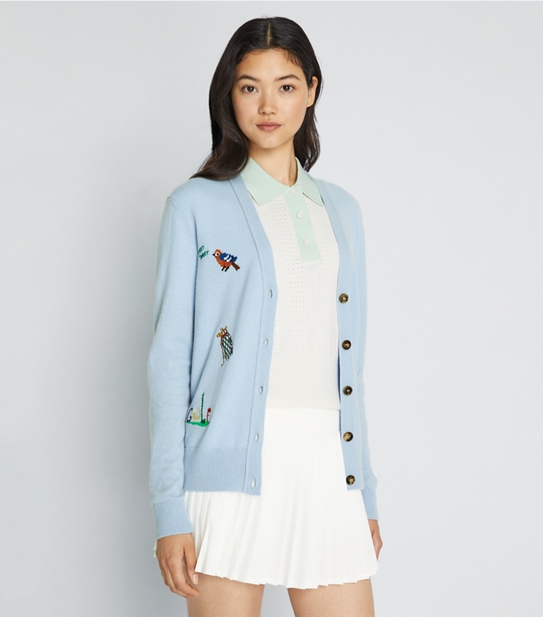 Tory Sport designer sweaters Cardigan de golf brodé en cachemire dans Ice Floe supplémentaire sur le modèle