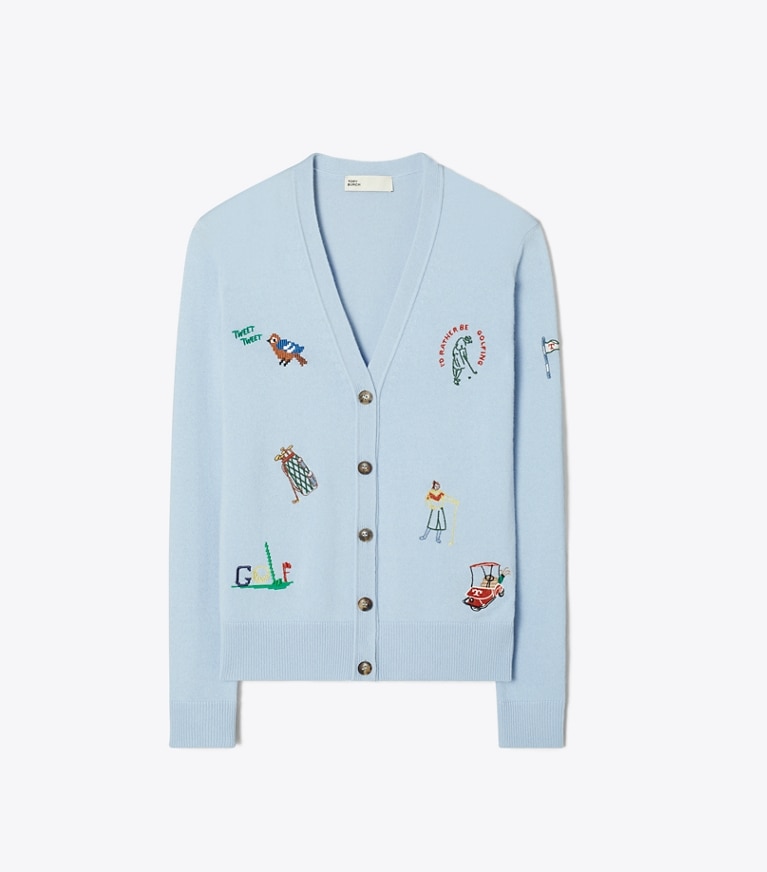 Tory Sport designer sweaters Cardigan de golf brodé en cachemire dans Ice Floe de face