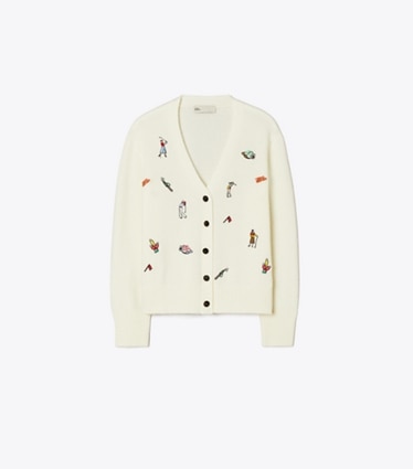Tory Burch designer sweaters Cardigan de golf brodé dans New Ivory de face