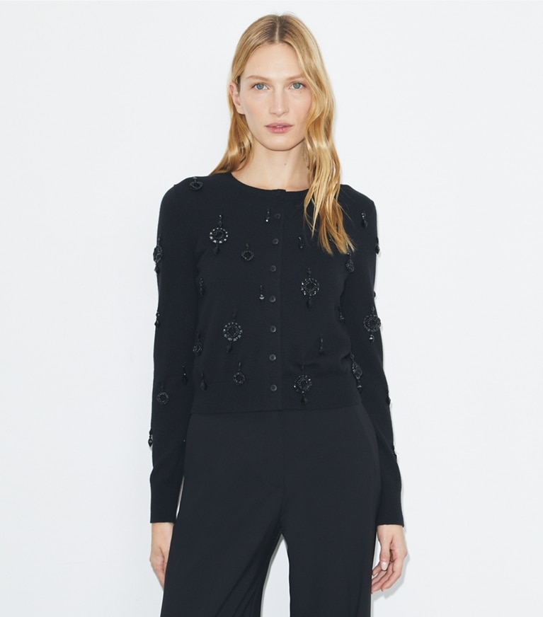 Tory Burch designer maglioni Cardigan decorato in lana in Black front